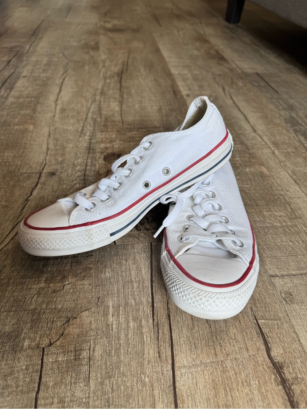 Converse White Low-Top Sneakers with Red & Navy Stripes